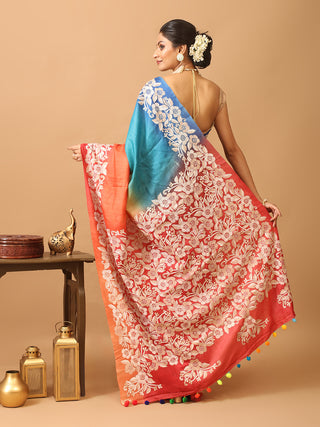 Rainbow-Coloured Bengal Tussar Silk Saree with Kantha Embroidery