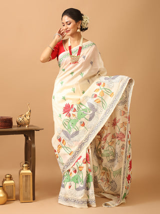 Off-White Bengal Tussar Silk Saree with Kantha Embroidery