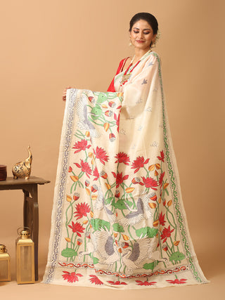 Off-White Bengal Tussar Silk Saree with Kantha Embroidery