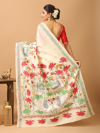 Off-White Bengal Tussar Silk Saree with Kantha Embroidery