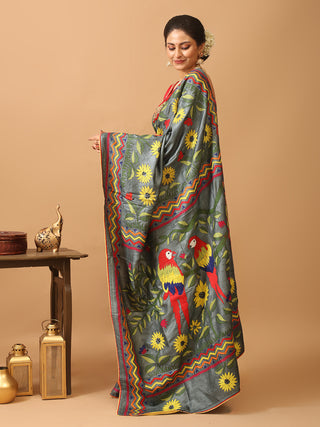 Elephant Grey Tussar Silk Saree with Kantha Embroidery