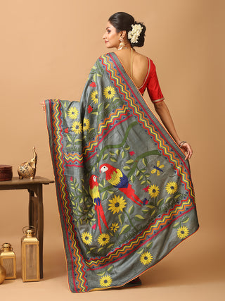 Elephant Grey Tussar Silk Saree with Kantha Embroidery