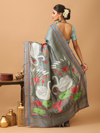 Elephant Grey Tussar Silk Saree with Swan and Lotus Kantha Embroidery