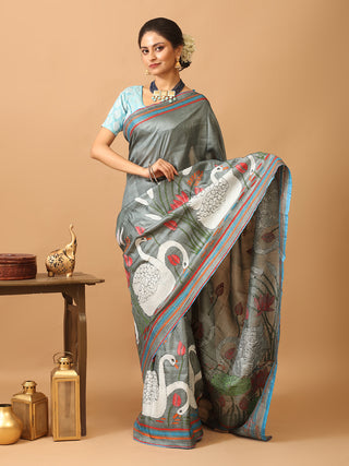 Elephant Grey Tussar Silk Saree with Swan and Lotus Kantha Embroidery
