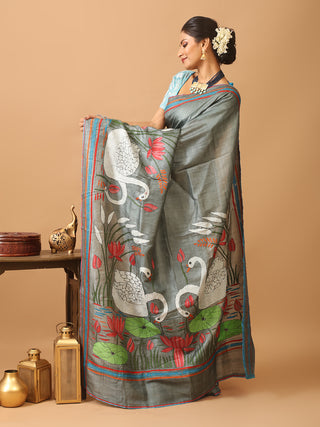 Elephant Grey Tussar Silk Saree with Swan and Lotus Kantha Embroidery