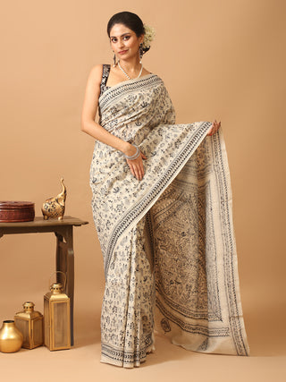Natural Tussar Silk Saree with Warli Kantha Embroidery