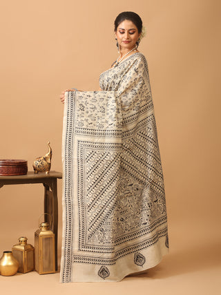 Natural Tussar Silk Saree with Warli Kantha Embroidery