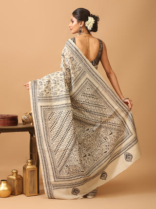 Natural Tussar Silk Saree with Warli Kantha Embroidery
