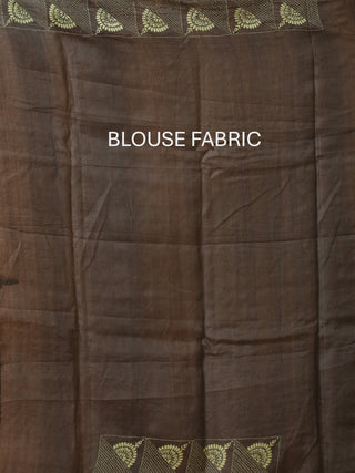 Olive Green and Black Tussar Silk Saree with Geometric Kantha Embroidery