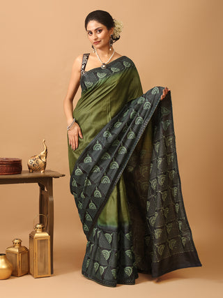 Olive Green and Black Tussar Silk Saree with Geometric Kantha Embroidery