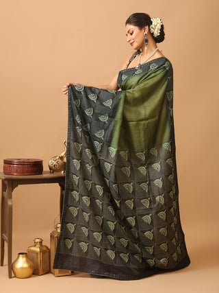Olive Green and Black Tussar Silk Saree with Geometric Kantha Embroidery
