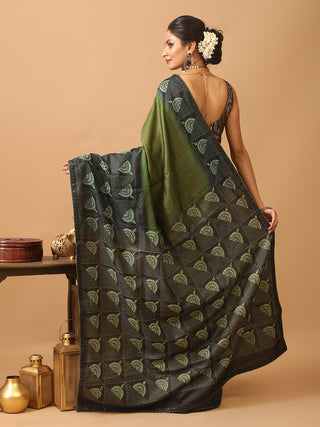 Olive Green and Black Tussar Silk Saree with Geometric Kantha Embroidery