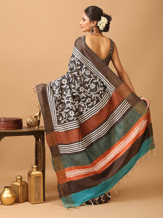 Black Rust and Teal Zari Tussar Silk Saree with Kantha Embroidery
