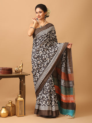 Black Rust and Teal Zari Tussar Silk Saree with Kantha Embroidery