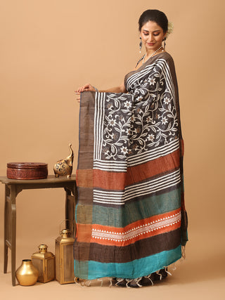 Black Rust and Teal Zari Tussar Silk Saree with Kantha Embroidery