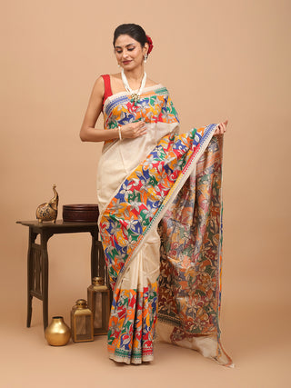 Natural Tussar Silk Saree with Reverse Kantha Embroidery