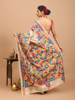 Natural Tussar Silk Saree with Reverse Kantha Embroidery