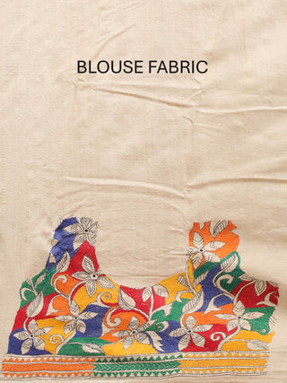 Natural Tussar Silk Saree with Reverse Kantha Embroidery