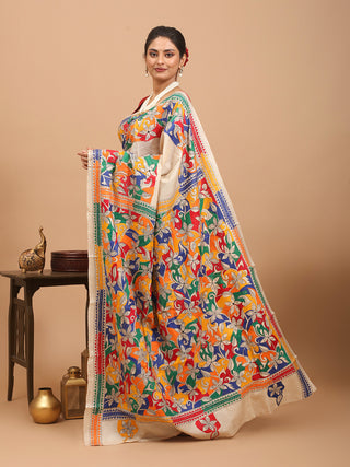 Natural Tussar Silk Saree with Reverse Kantha Embroidery