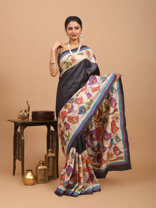 Charcoal Black Tussar Silk Saree with Hand Painting and Kantha Stitches