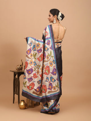 Charcoal Black Tussar Silk Saree with Hand Painting and Kantha Stitches