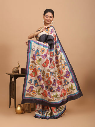 Charcoal Black Tussar Silk Saree with Hand Painting and Kantha Stitches