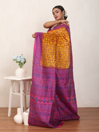Golden Yellow Tussar Silk Saree with Kantha and Hand Block Prints