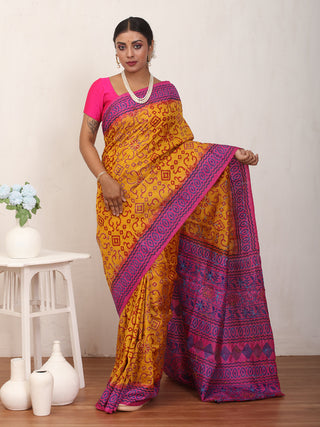 Golden Yellow Tussar Silk Saree with Kantha and Hand Block Prints