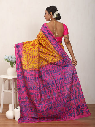 Golden Yellow Tussar Silk Saree with Kantha and Hand Block Prints