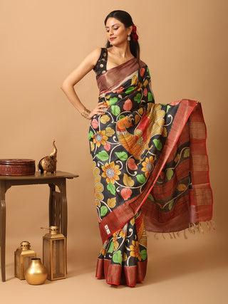 Black Base Zari Tussar Silk Saree With Kalamkari Inspired Hand Painting