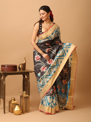 Black Base Pure Zari Tussar Silk Saree With Kalamkari Inspired Hand Painting
