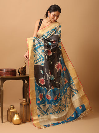 Black Base Pure Zari Tussar Silk Saree With Kalamkari Inspired Hand Painting