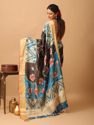 Black Base Pure Zari Tussar Silk Saree With Kalamkari Inspired Hand Painting