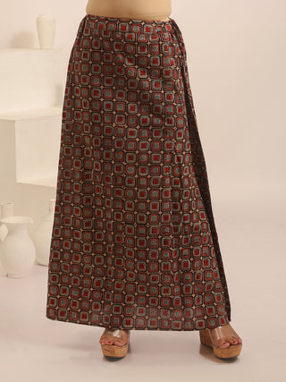 Light Brown Cambric Cotton Wrap Skirt With Multicolour Ajrakh Print