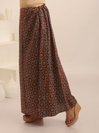 Light Brown Cambric Cotton Wrap Skirt With Multicolour Ajrakh Print