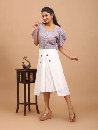 White Pure Cotton High-Low Pleated Skirt With Wooden Buttons