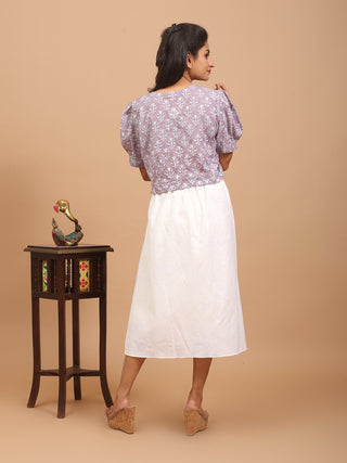 White Pure Cotton High-Low Pleated Skirt With Wooden Buttons