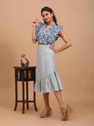 Grey Cotton Ruffled Asymmetrical Skirt