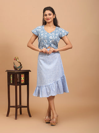 Ice-Blue Pure Cotton Ruffled Asymmetrical Skirt