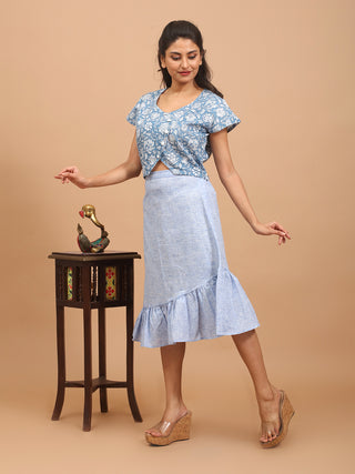Ice-Blue Pure Cotton Ruffled Asymmetrical Skirt