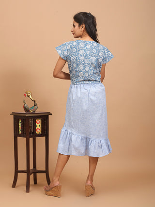 Ice-Blue Pure Cotton Ruffled Asymmetrical Skirt