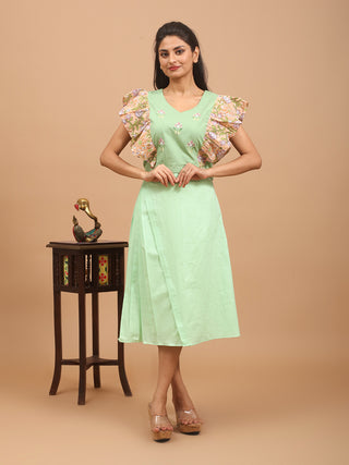 Light Pistachio Green Pure Cotton Skirt With Fixed Side Pleats