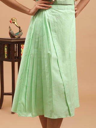 Light Pistachio Green Pure Cotton Skirt With Fixed Side Pleats