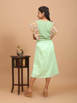 Light Pistachio Green Pure Cotton Skirt With Fixed Side Pleats