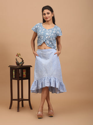 Ice-Blue Pure Cotton Ruffled High-Low Asymmetrical Skirt