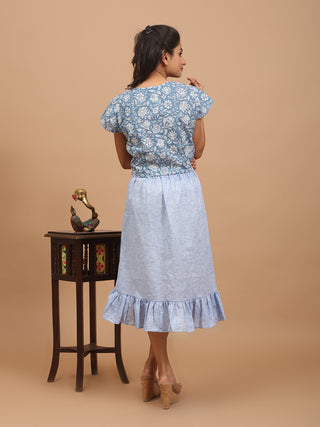 Ice-Blue Pure Cotton Ruffled High-Low Asymmetrical Skirt