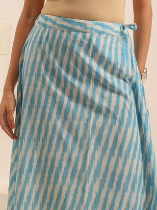 Sky Blue And White Pure Ikkat Cotton Long Skirt