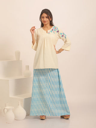 Sky Blue And White Pure Ikkat Cotton Long Skirt