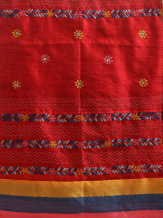 Red Pure Dupion Silk Stole with Multicolour Kantha Work