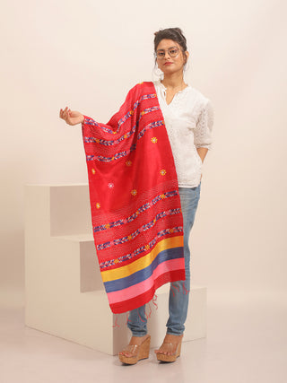 Red Pure Dupion Silk Stole with Multicolour Kantha Work